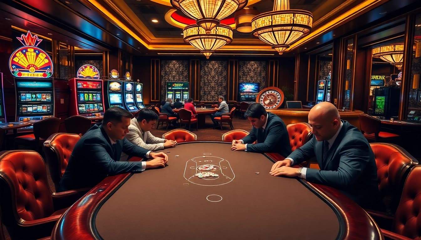 Intense poker players at a luxury casino table, enhancing the experience at https://urr88.com/.