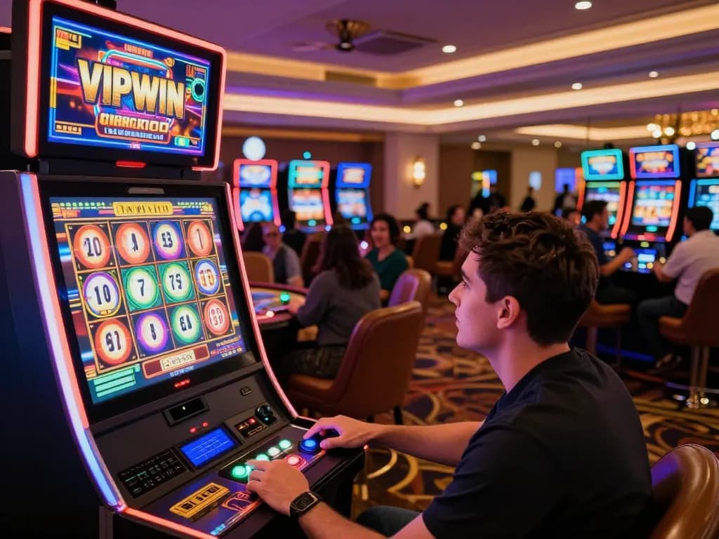 Players enjoying the thrilling experience at vipwin com casino, with vibrant slot machines lighting up the scene.