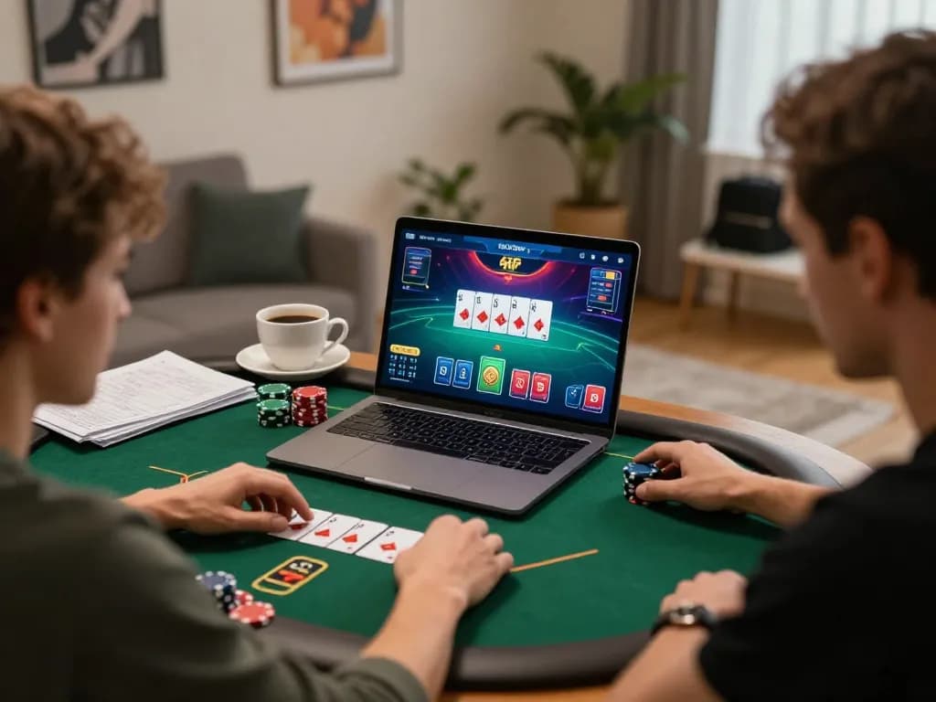 SHBET player enjoying online poker game from cozy home setup with strategy notes.