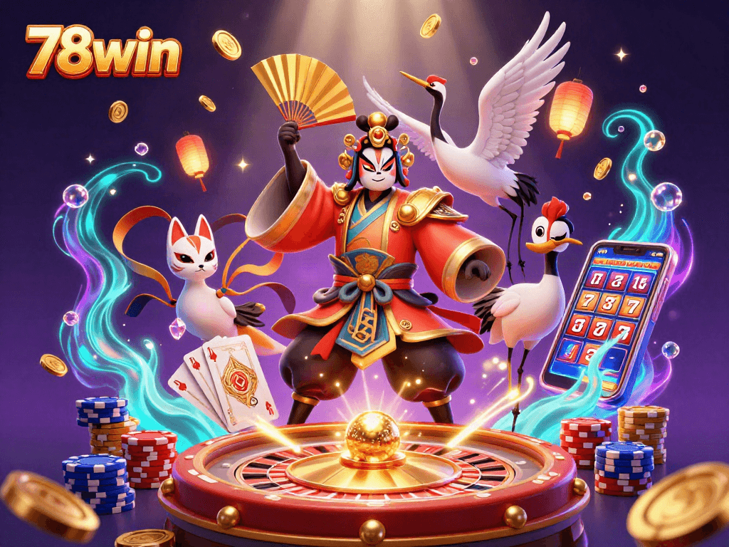 Experience thrilling wins at 78win with a lively casino scene featuring games and vibrant characters.
