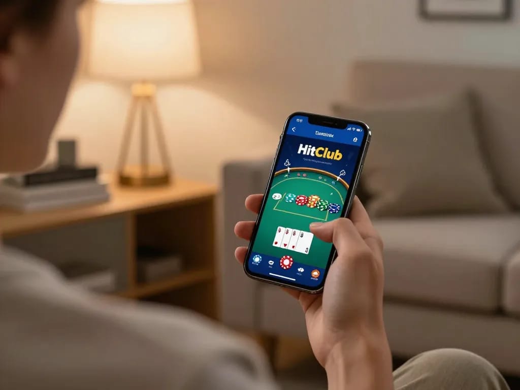 Hitclub user playing poker on a mobile app in a cozy home setting