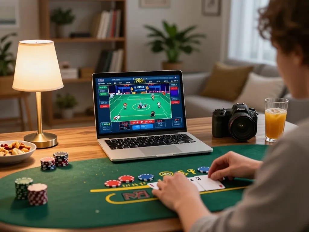 Players strategizing at MM88 online casino from home, live dealer blackjack interface on screen