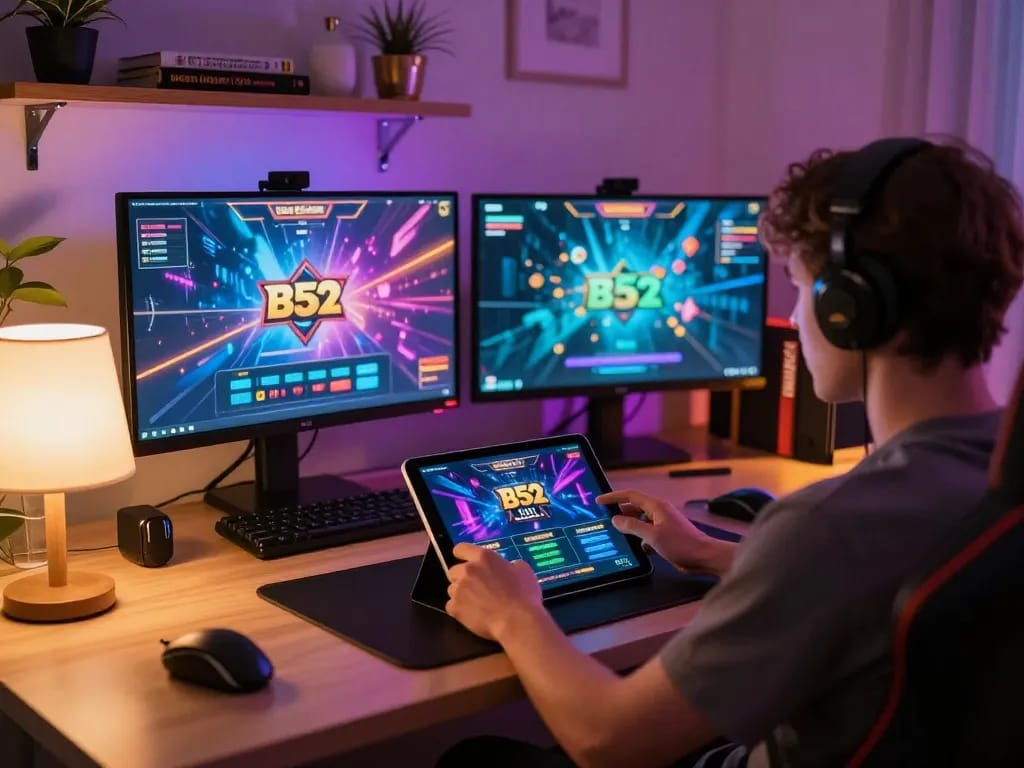 B52 club players enjoy mobile gaming and casino action in a cozy home setting.