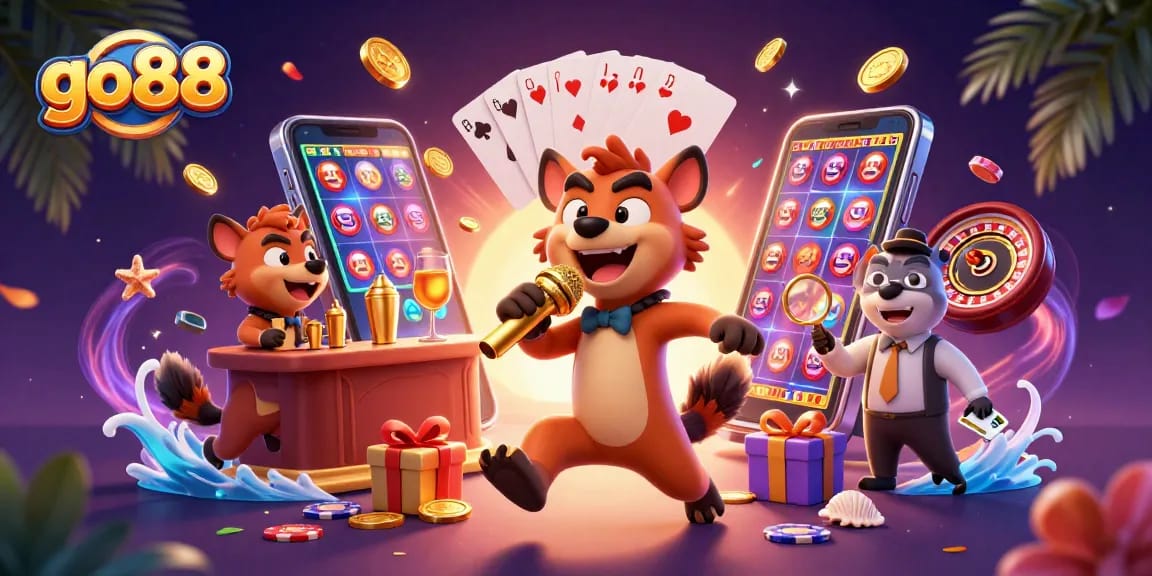 Experience the thrill at go88 with hyenas in a vibrant casino scene featuring games and laughter.