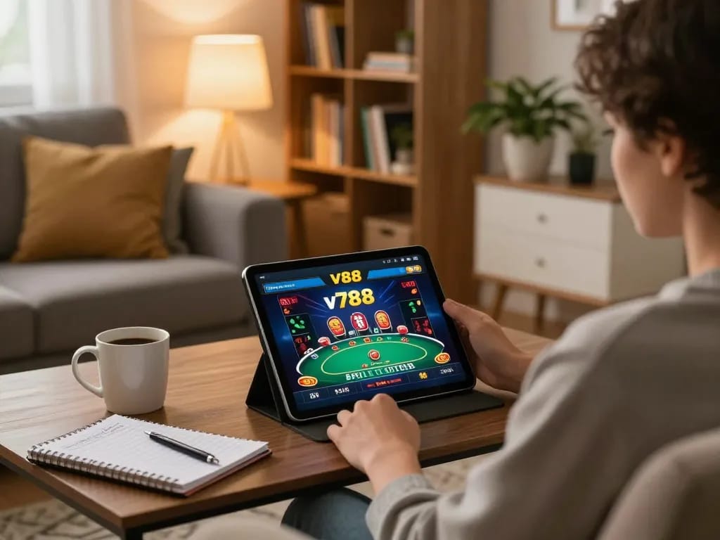 Enjoying v788 bet online gaming experience from the comfort of home sofa with strategic notes at hand.