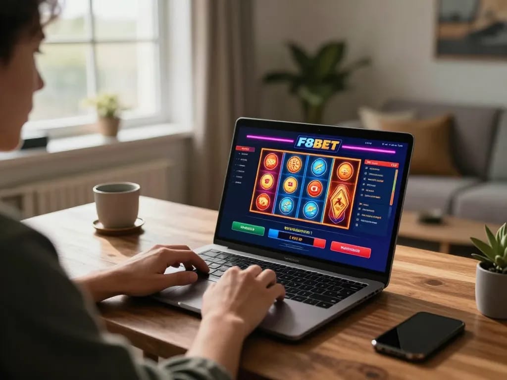 Engaging with F8BET online gambling on a laptop in a stylish home office environment.