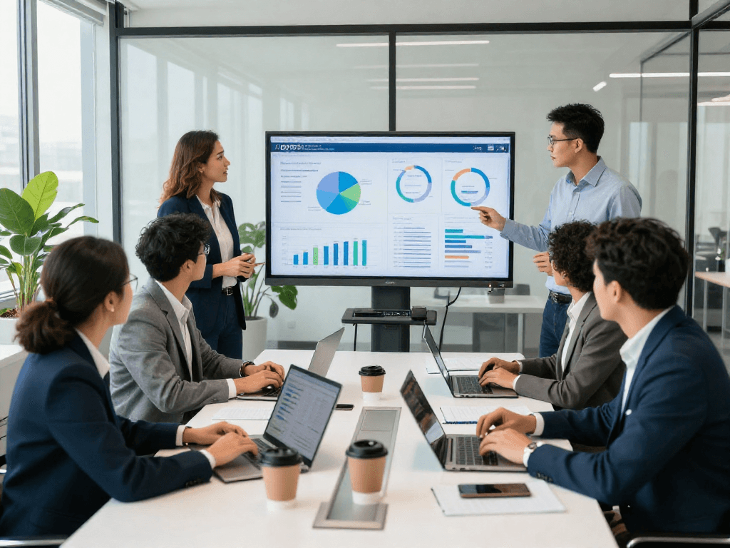 Team collaborating in a modern conference room, showcasing IDXSTAR's data solutions.