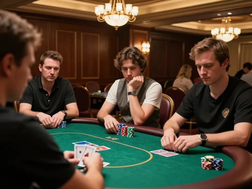 Players engage strategically at the poker table in tg887's upscale casino setting.