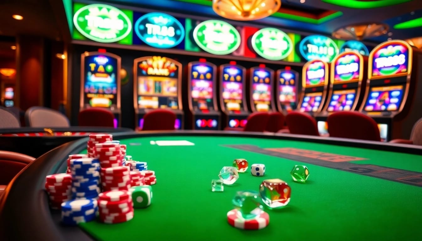 Experience tr88 excitement at a vibrant casino table filled with colorful chips and illuminated slot machines.