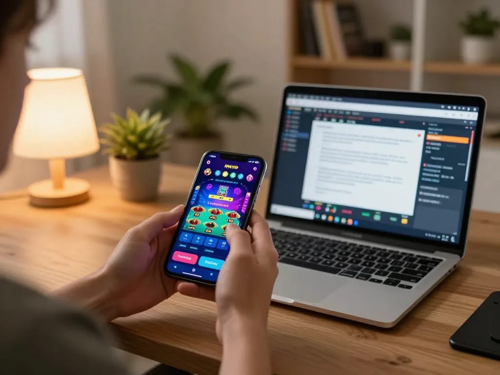 Player using RIKVIP app on smartphone in a cozy home environment, highlighting responsible gambling.