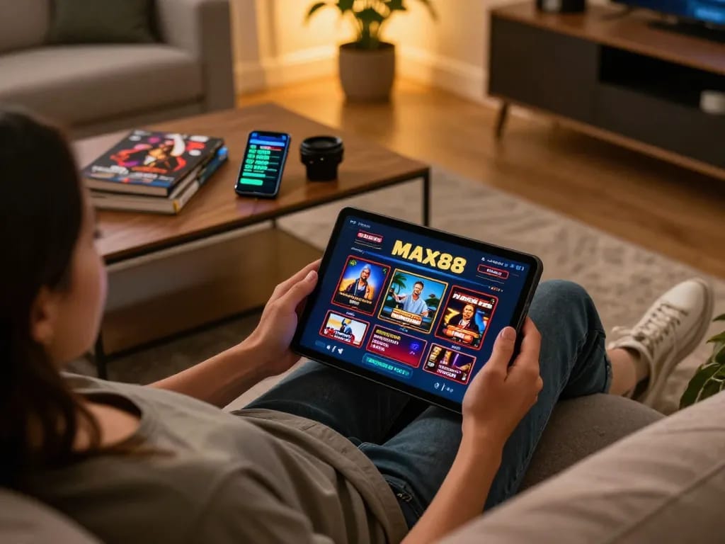 MAX88 user engaging with online casino gaming app on tablet in a cozy home setting.