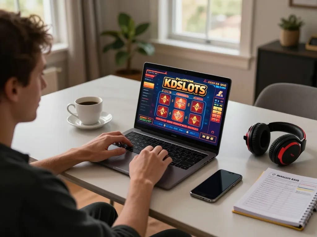 KDSlots player enjoying an online gaming session with vibrant graphics on a laptop at home.