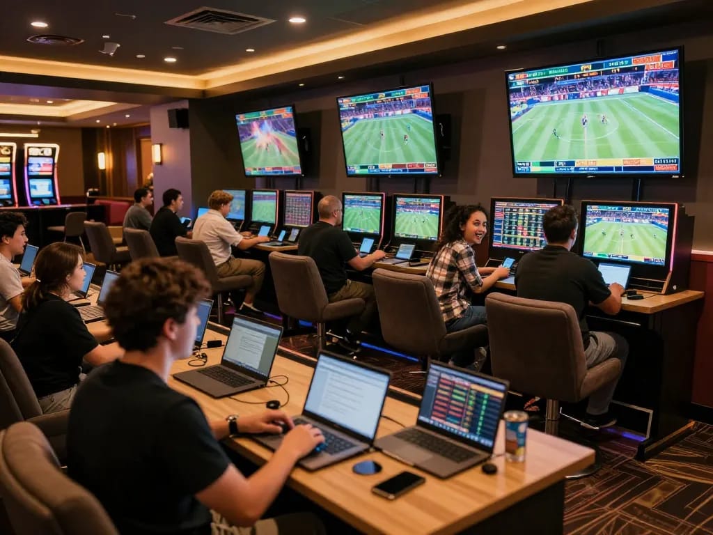 Patrons placing bets at a lively sports betting lounge showcasing 789win excitement