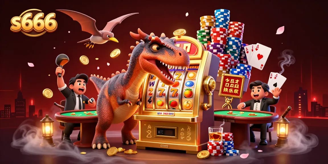 Experience thrilling action at s666 as a pachycephalosaurus celebrates a jackpot payout at a busy casino.