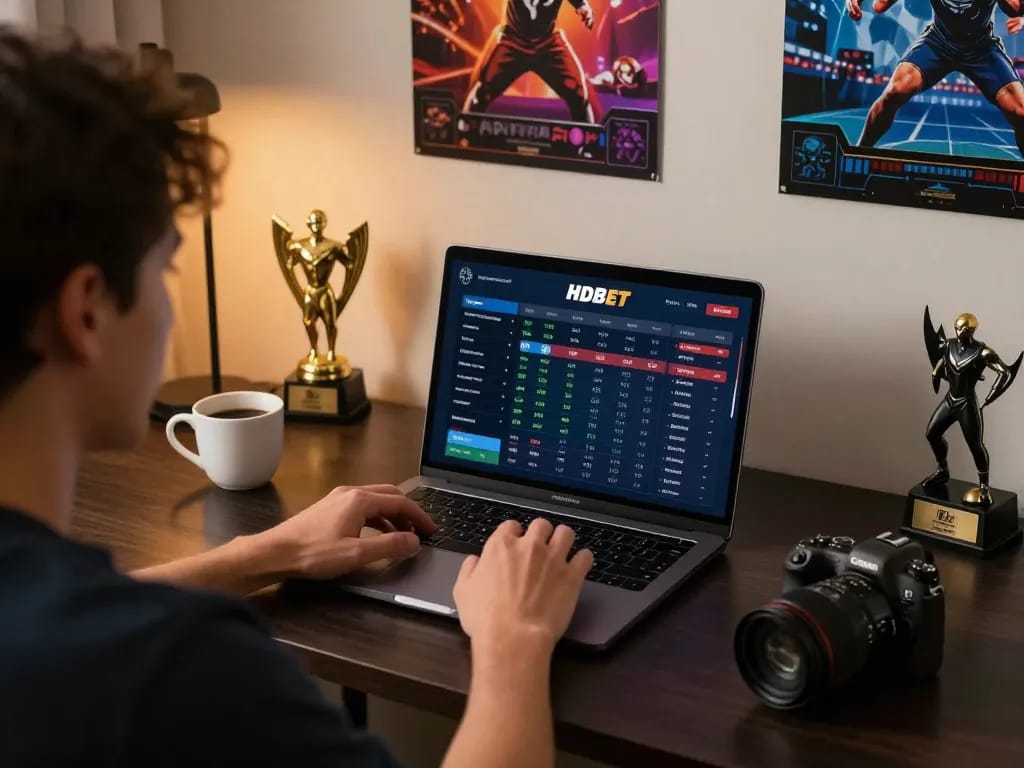 Person engaging with sports betting on HDBET laptop, showcasing vibrant betting interface and cozy environment