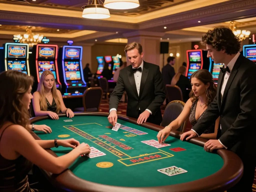 Gamblers enjoying an exciting moment at Nhà cái DABET blackjack table in a vibrant casino atmosphere.
