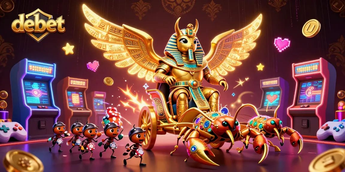 Engage with debet's thrilling features in a dynamic 3D casino illustration with colorful gaming elements.