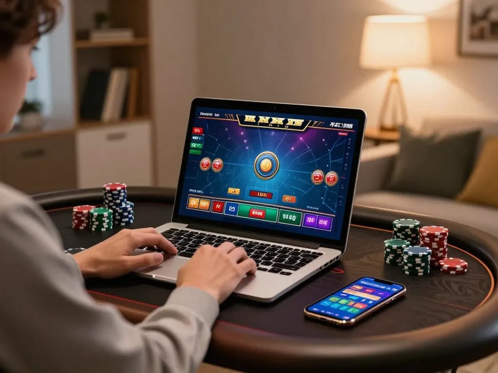 Engage in live dealer gaming at Net88 using a stylish laptop in a cozy home setting
