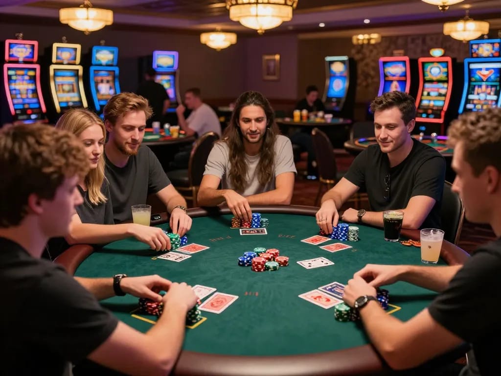 Friends enjoying an engaging poker night, showcasing strategic gameplay and camaraderie around the transporthydraulics-themed table