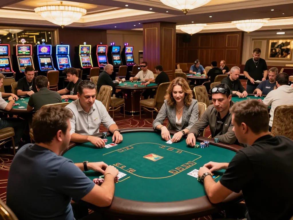Engaged players at a MANCLUB poker table strategizing bets in an upscale casino setting