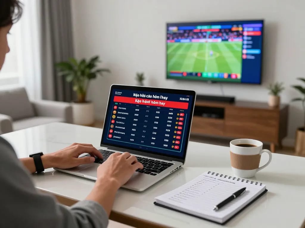 Engaging online betting setup focusing on kèo nhà cái hôm nay with live sports on screen, showcasing strategic gambling atmosphere.