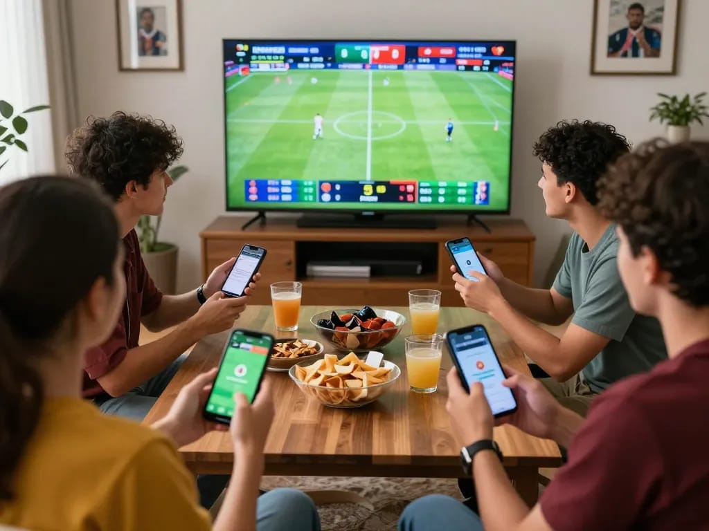 Friends enjoying sports betting with the Fabet app on smartphones, vibrant atmosphere.