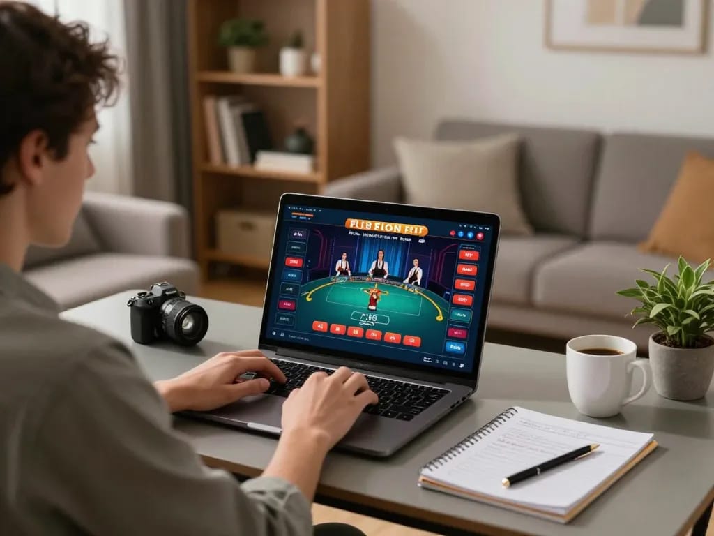 Player engaging in strategic online gaming on fly88 platform from cozy home office setup.