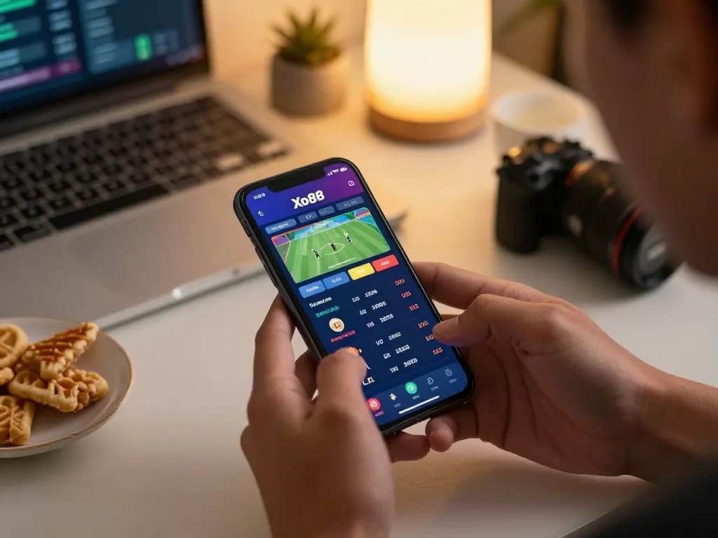 Xo88 betting app interface on smartphone highlights real-time sports betting excitement.