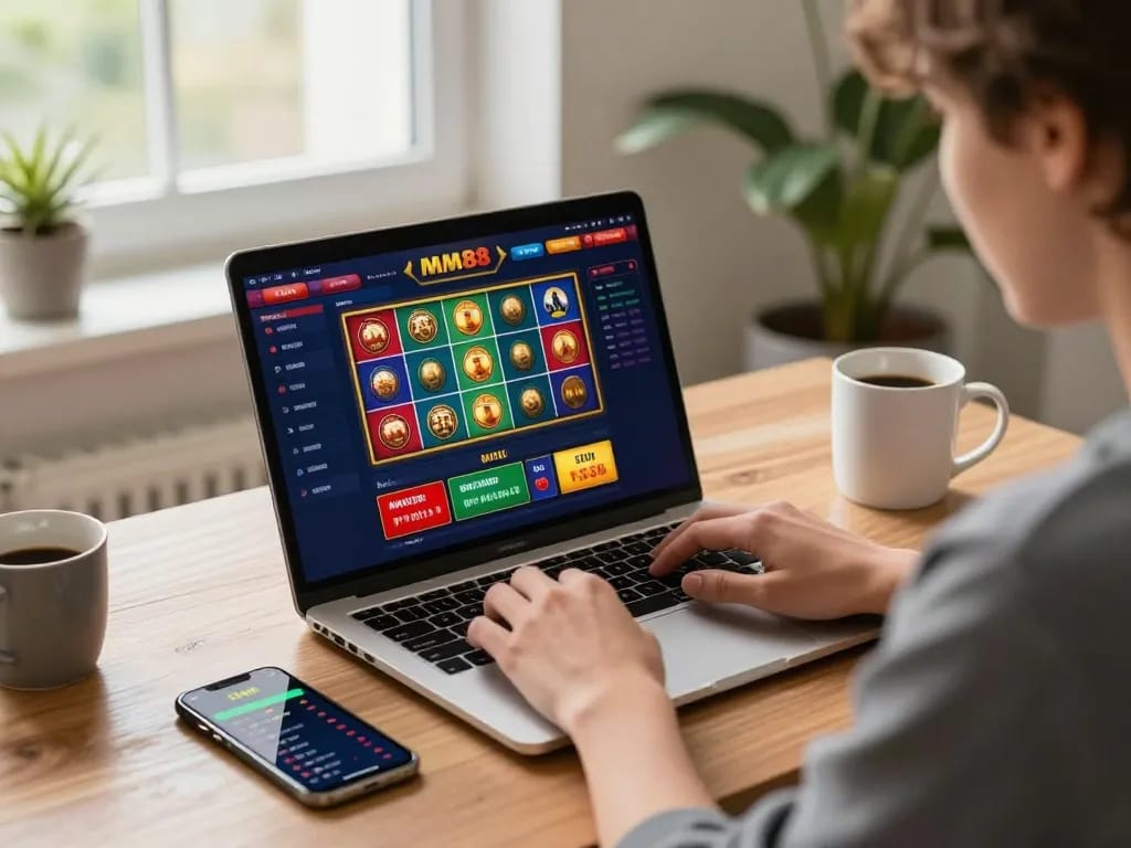 Engaging MM88 online casino gameplay on laptop with colorful slots and poker options displayed.