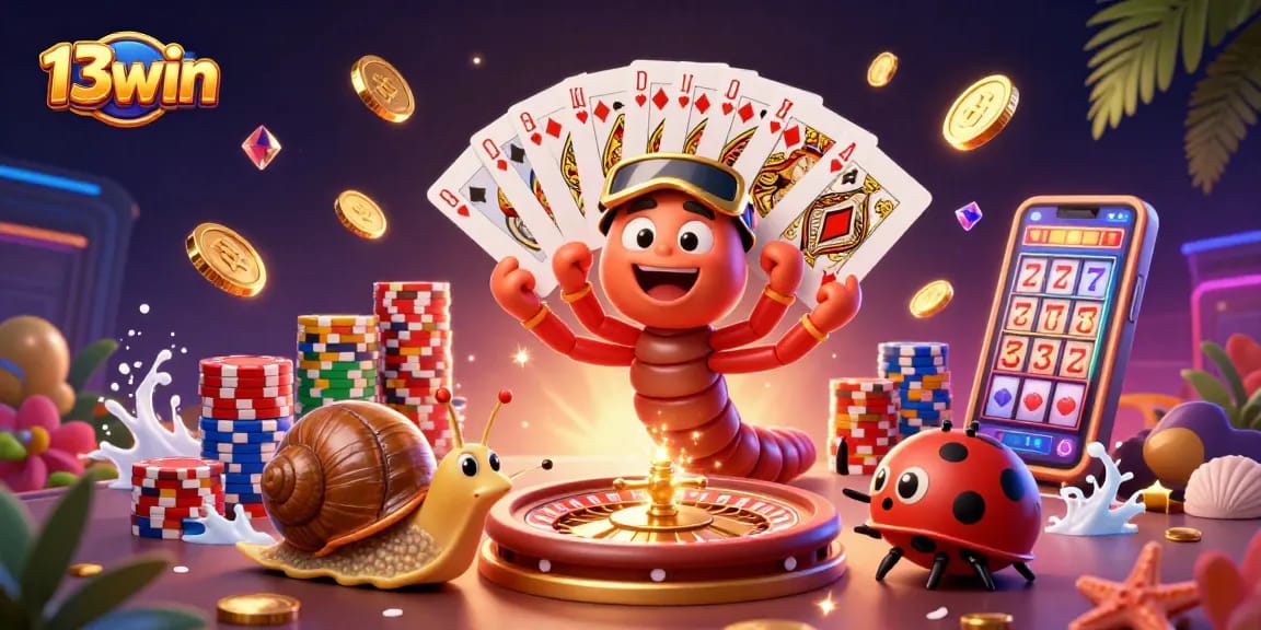 Experience the thrill of 13win with a vibrant, dynamic casino scene featuring a cartoon dealer and playful characters.