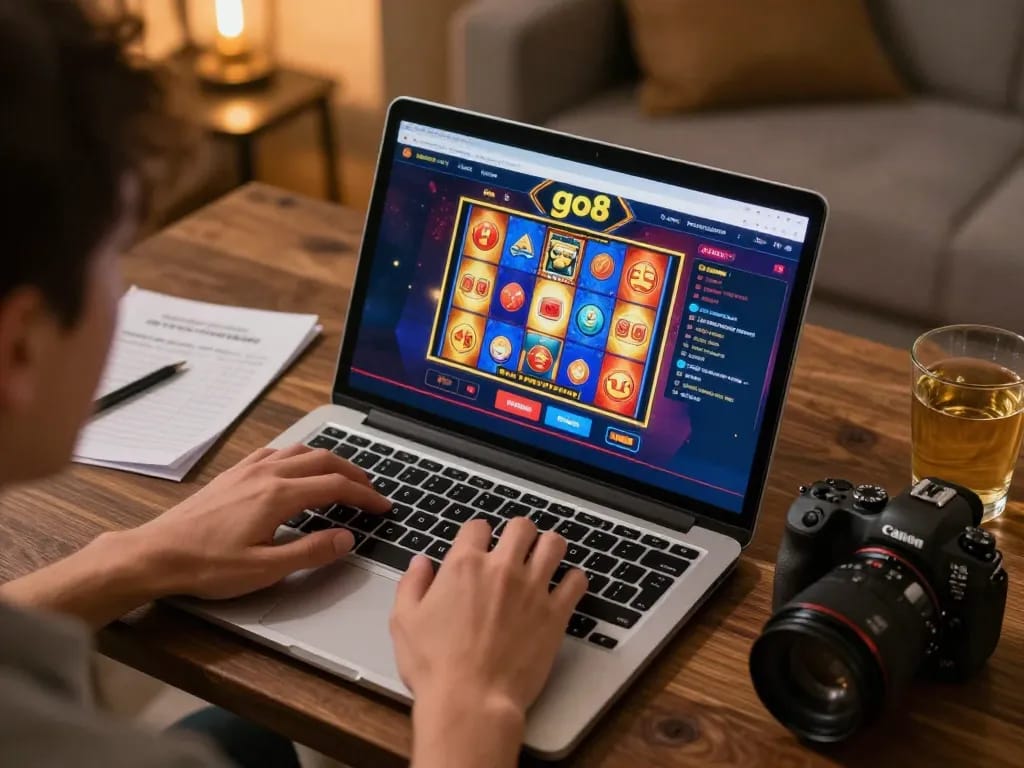 Engaging player enjoying go8 online casino on laptop, vibrant graphics reflecting excitement.