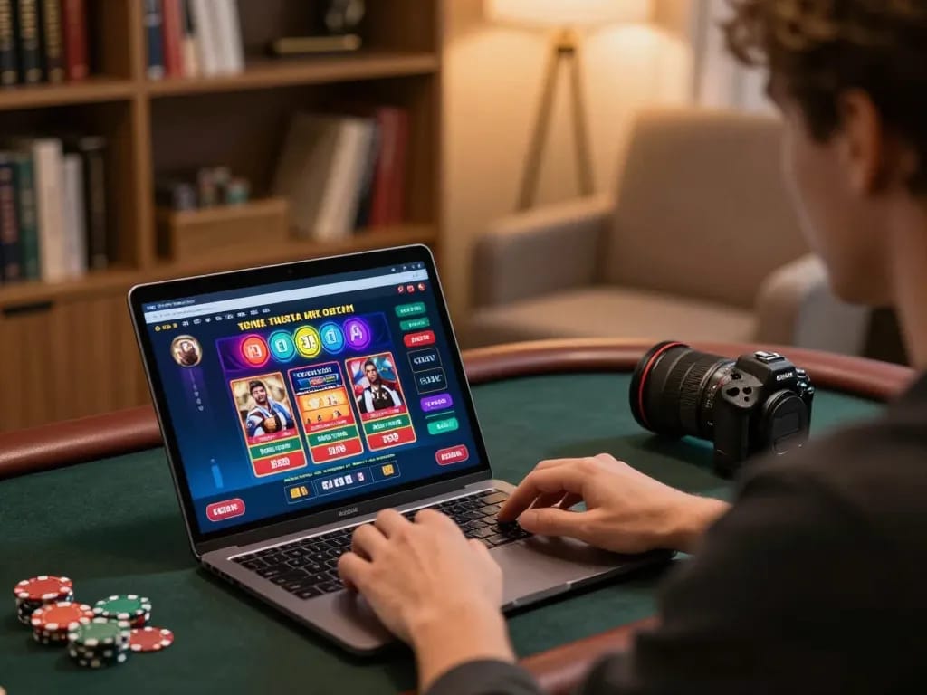 Engaged player analyzing gameplay on laptop with nowgoals showing real-time betting information and stats.