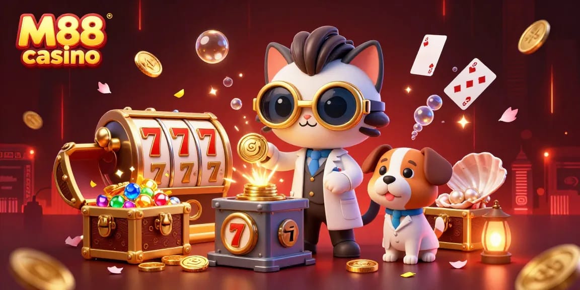 M88 casino showcases thrilling slot games with a fun cartoon mad scientist cat and dog in a vibrant casino scene.
