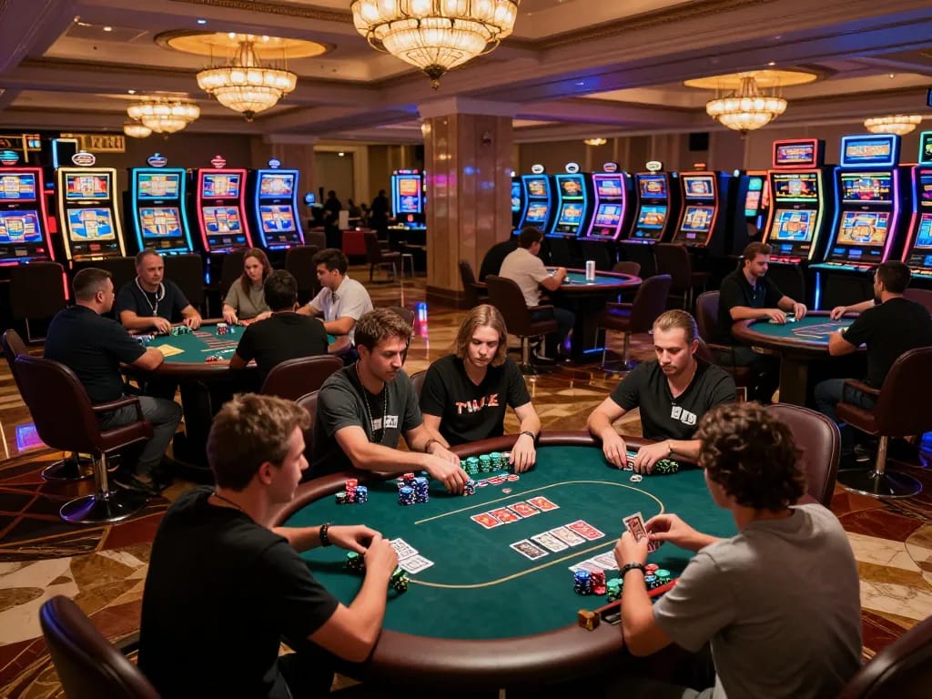 Players strategizing at 58win1 poker tables in a vibrant casino atmosphere.