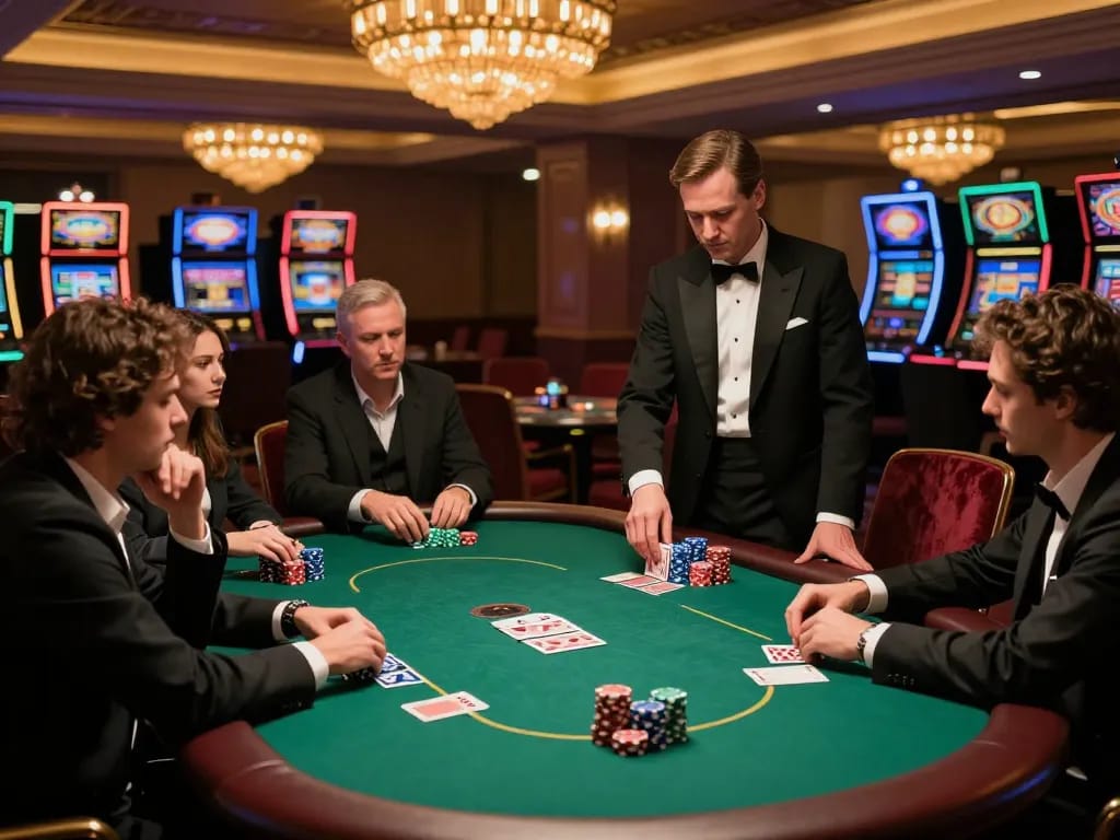 DOLA789 players strategizing in a high-stakes poker game at a luxurious casino