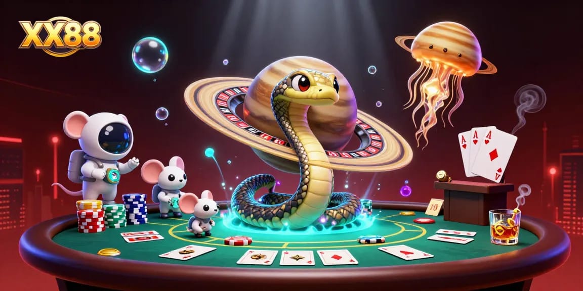 Watch the cosmic dealer XX88 engage astronaut mice at a roulette-style Saturn ring, vibrant casino atmosphere