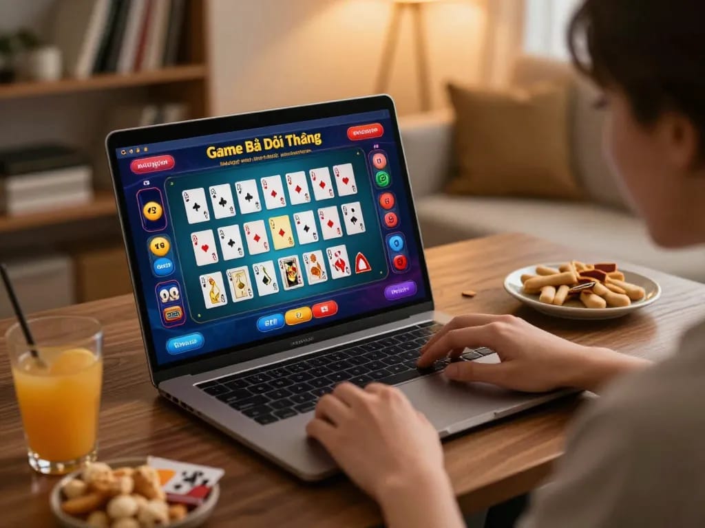 Engaging in Game Bài Đổi Thưởng gameplay with a laptop at home, showcasing vibrant interface and cozy atmosphere.