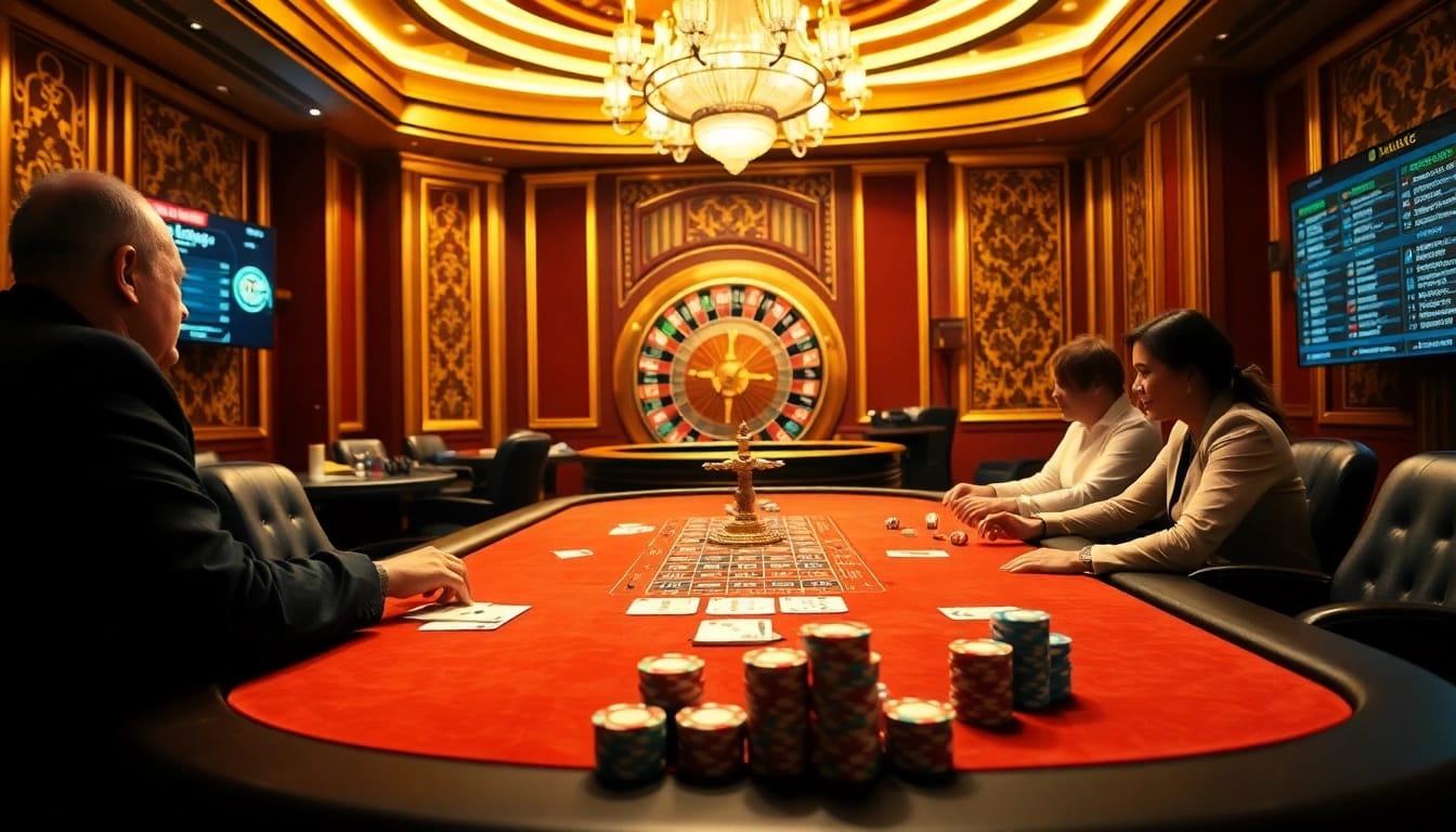 Engage in thrilling gameplay at Nhà cái vaoluoitv's luxurious casino table with vibrant poker chips.