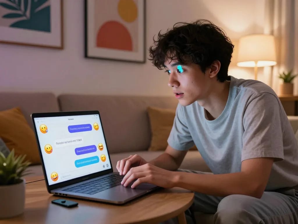 Engaging AI porn chat session on a colorful interface with playful emojis, showcasing a relaxed user experiencing intimate virtual interactions.