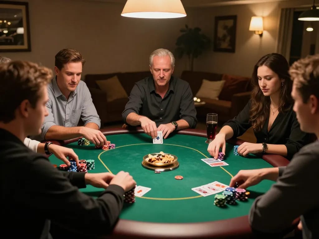 Players enjoying a thrilling poker night at home with fabet88z gameplay and strategic interactions.