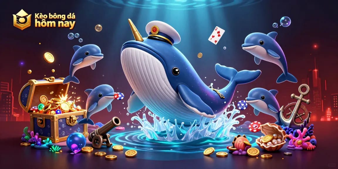 Kèo bóng đá hôm nay features a vibrant 3D underwater scene with a cartoon whale and playful dolphins engaging with poker chips amidst coins.