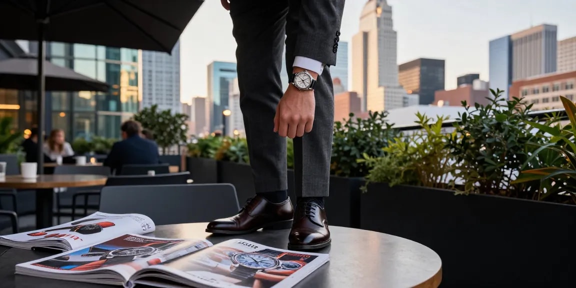 Stylish individual showcasing a replica watch amidst a vibrant city skyline.