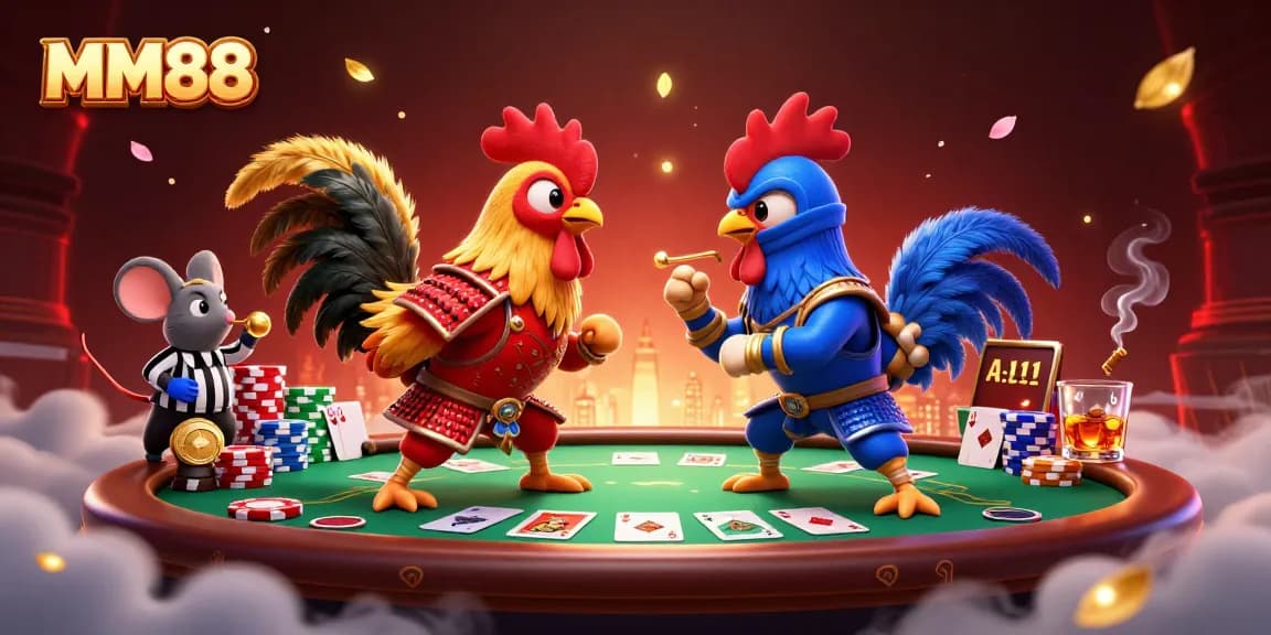 Engage with exciting gameplay at MM88, featuring fighting roosters and dynamic poker elements.