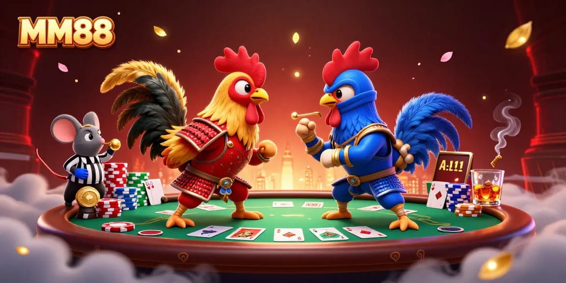 Engage with exciting gameplay at MM88, featuring fighting roosters and dynamic poker elements.