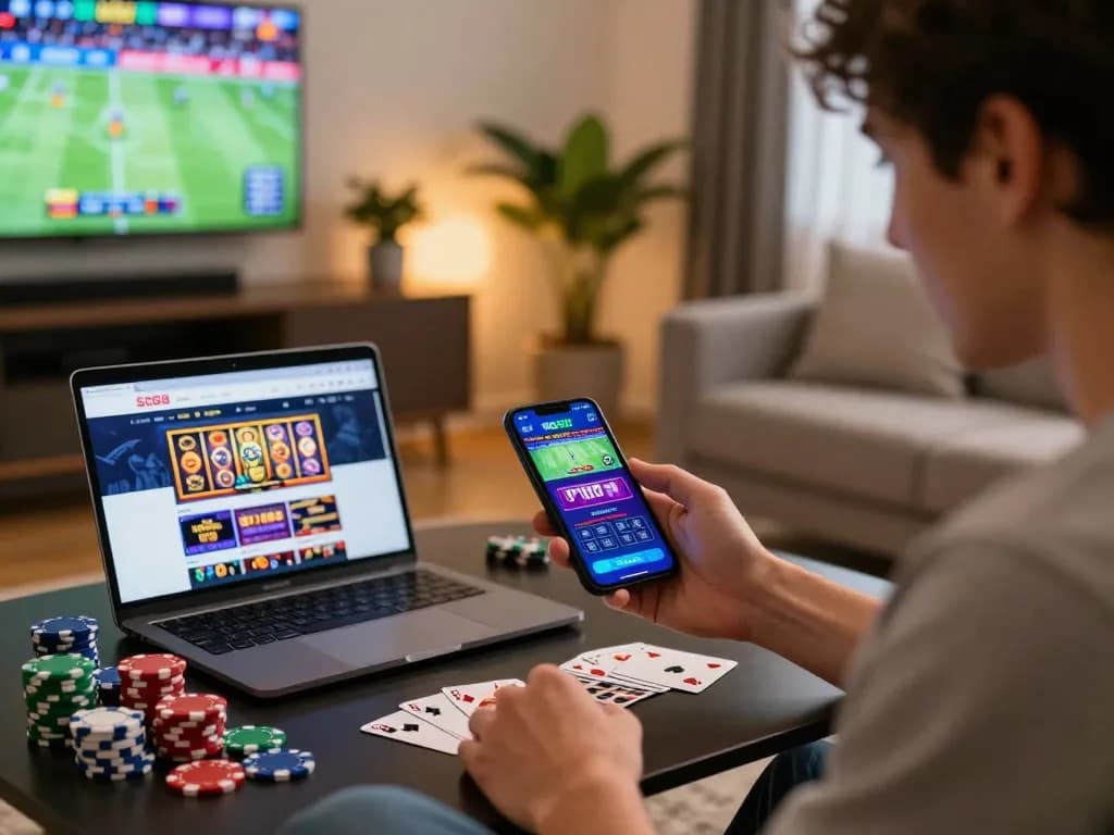 Enthusiastic player using the SC88 mobile app in a cozy living room, engaging with online gambling.