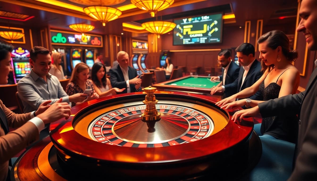 Gamblers enjoying the thrill at f8bet.com casino with roulette table and poker action.