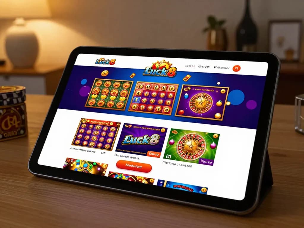 Login screen for luck8 đăng nhập on a tablet, featuring vibrant online casino games in a cozy home setting