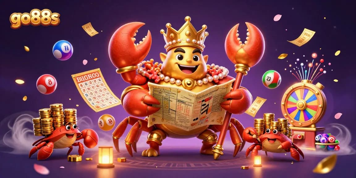 Engage with go88s gaming action featuring a vibrant cartoon crab emperor, lottery elements, and gold chips.