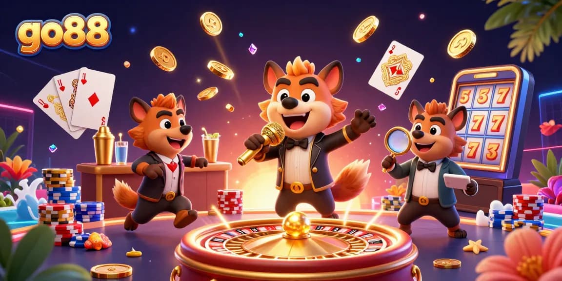 Experience go88's vibrant casino environment with hyenas in lively action and sparkling game elements.
