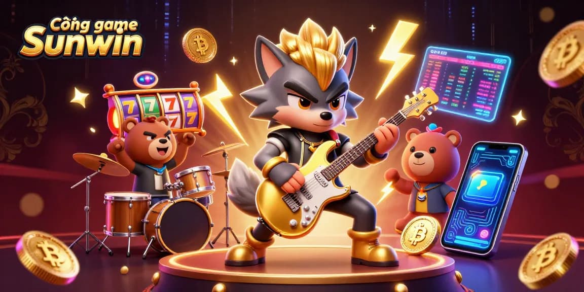 Engage with Cổng game Sunwin featuring a rock star wolf shredding alongside vibrant casino elements.